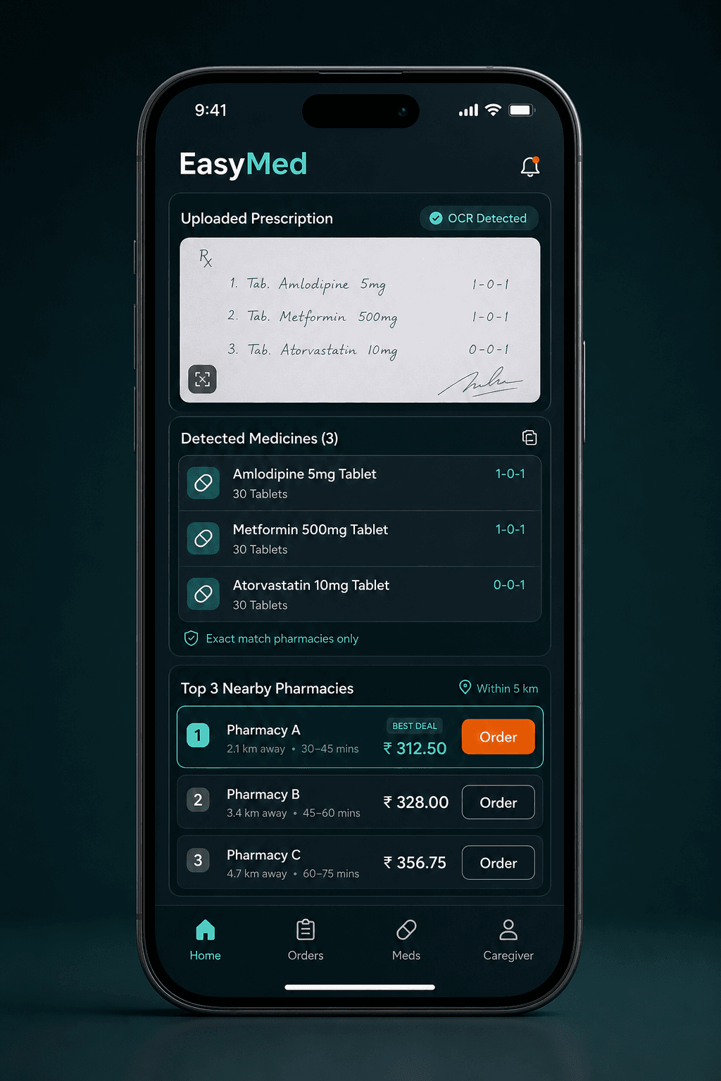 EasyMed HealthTech app showing medication management